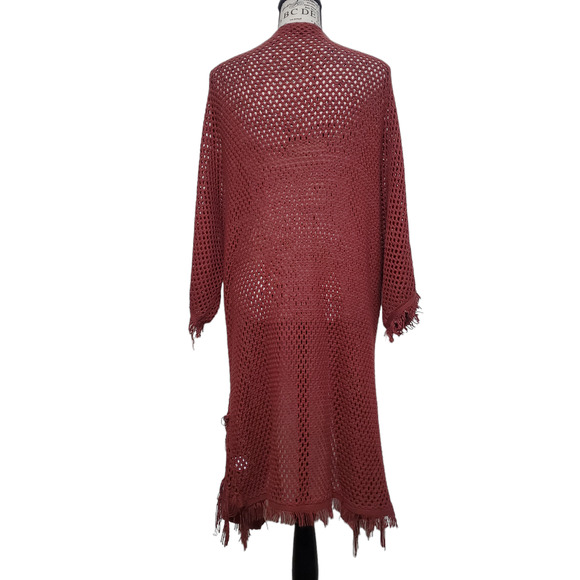 Dee Elly Burnt Orange Brown Crochet Cover Up Kimono Wrap Festival Fringe Small - Picture 6 of 11